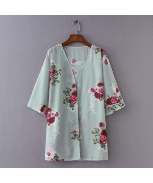 Women's Sheer Chiffon Blouse Loose Tops Kimono Floral Print Cardigan - B04 - CI18IS9KTXR $12.69-Cover-Ups