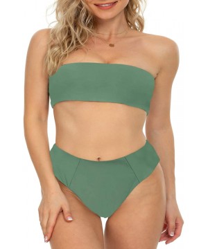 Womens Bandeau Two Piece Bikini Swimsuits Strapless Top with High Cut Bottom Bathing Suit - 1army Green - CW18W2MEX9Z $25.19-...