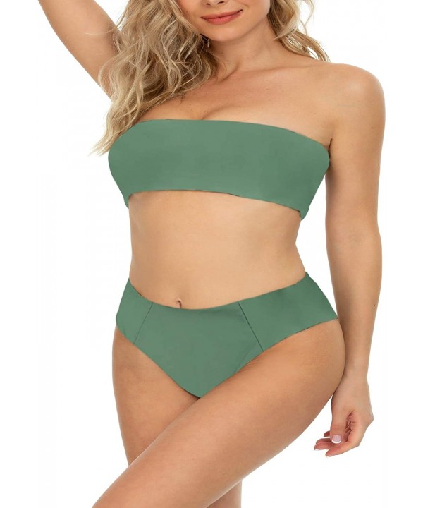 Womens Bandeau Two Piece Bikini Swimsuits Strapless Top with High Cut Bottom Bathing Suit - 1army Green - CW18W2MEX9Z $25.19-...