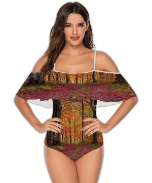 Spring Landscape with Wooden Fence-Women Flounce Swimwear High Waisted Swimsuit Trees S - Multi 35 - C2199E58RH9 $35.53-One-P...