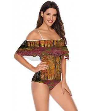 Spring Landscape with Wooden Fence-Women Flounce Swimwear High Waisted Swimsuit Trees S - Multi 35 - C2199E58RH9 $35.53-One-P...