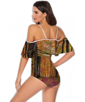 Spring Landscape with Wooden Fence-Women Flounce Swimwear High Waisted Swimsuit Trees S - Multi 35 - C2199E58RH9 $35.53-One-P...