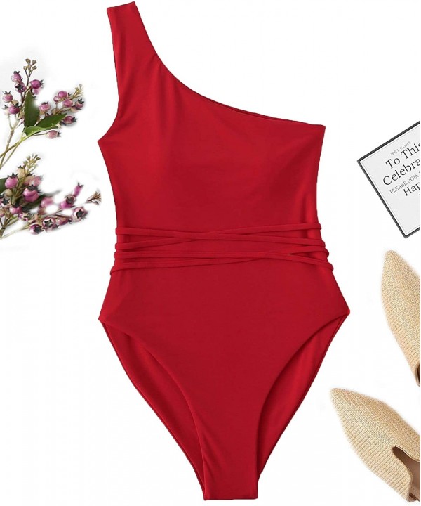 Women's Bathing Suits One Shoulder One Piece Swimsuits Monokini - Red - C218OZ9RZ82 $17.13-One-Pieces