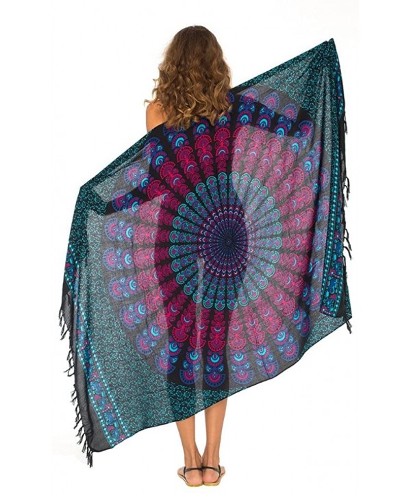 Womens Sarong Beach Swimsuit Cover Up Mandala Peacock Bikini Wrap & Clip - Turquoise - CL18EG9X4K7 $15.95-Cover-Ups