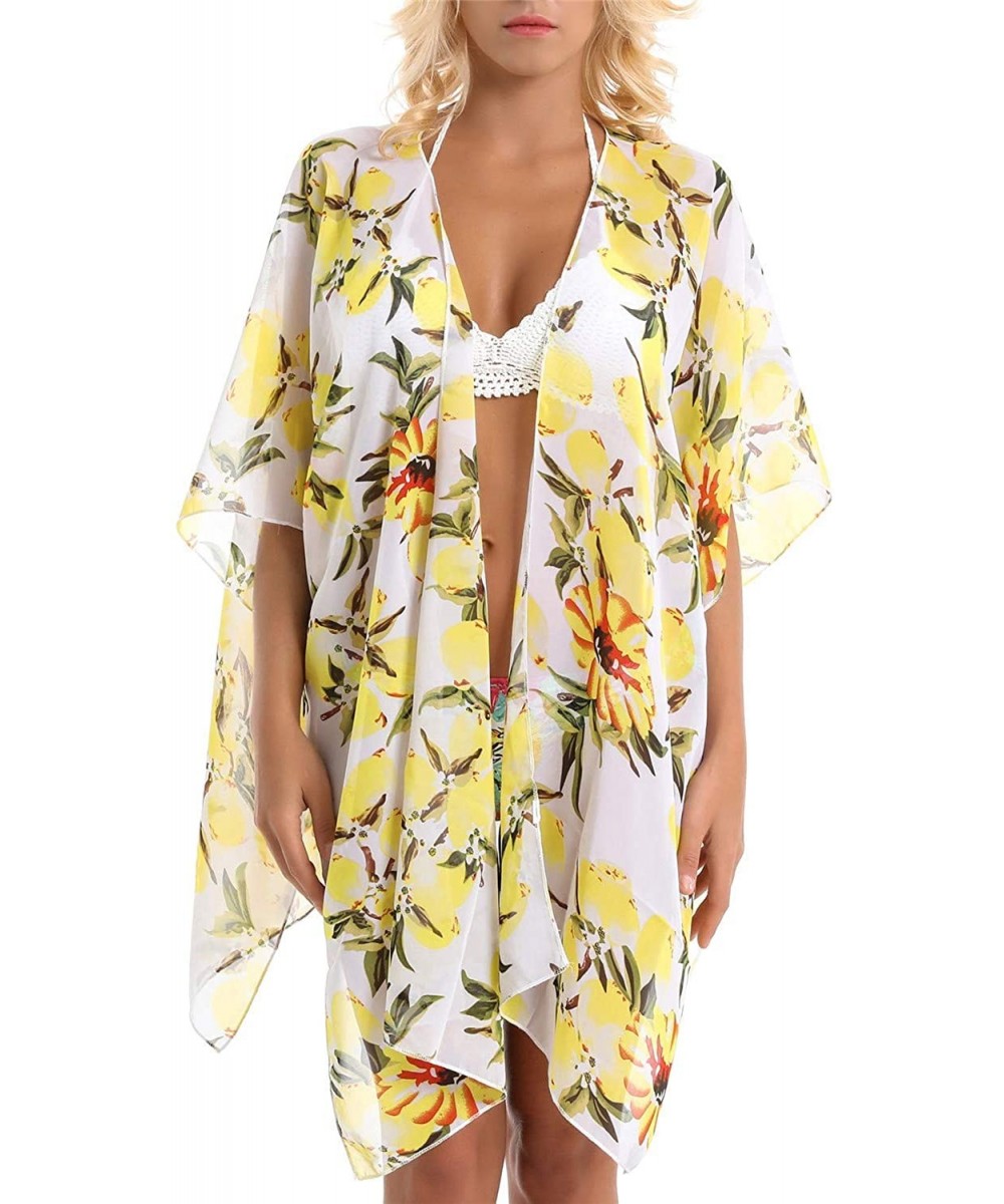 Cover Up for Swimwear Women Floral Kimono Cardigan Shawl Half Sleeve Chiffon Summer Beach Bikini Blouse White Lemon - CU18XAN...