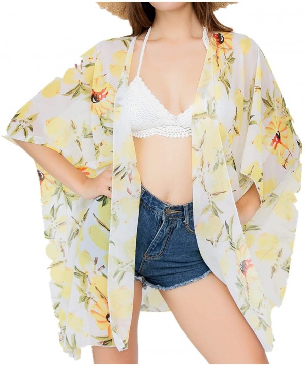 Cover Up for Swimwear Women Floral Kimono Cardigan Shawl Half Sleeve Chiffon Summer Beach Bikini Blouse White Lemon - CU18XAN...