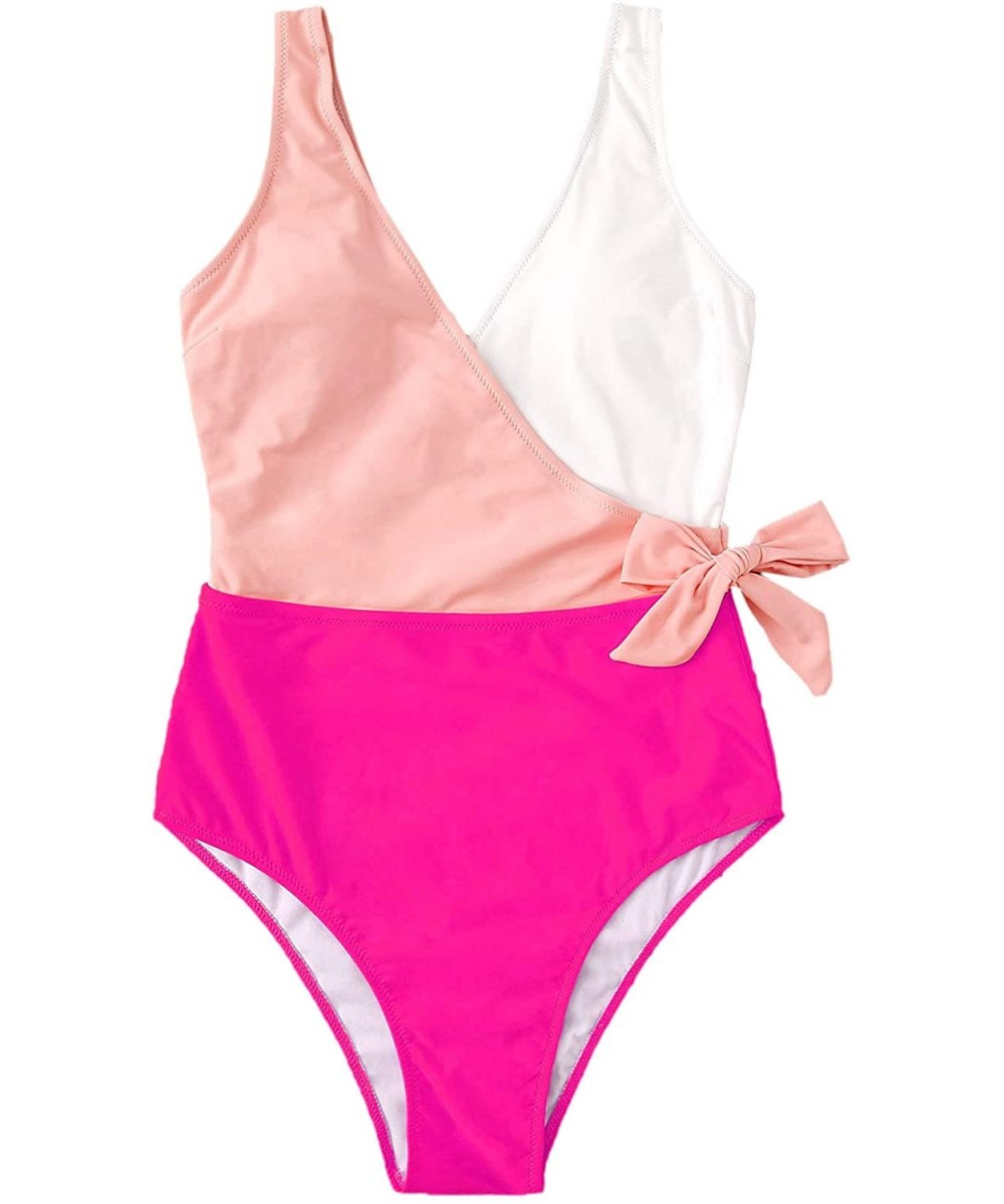 Women's One Piece Bathing Suits V Neck Tie Front Color Block Swimsuit Swimwear Monokini - Pink - CI192DAOO7E $15.50-One-Pieces