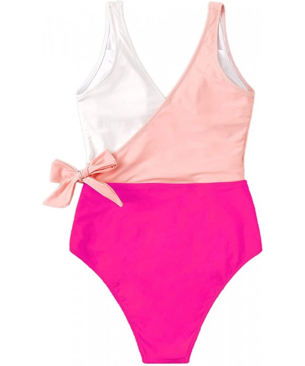 Women's One Piece Bathing Suits V Neck Tie Front Color Block Swimsuit Swimwear Monokini - Pink - CI192DAOO7E $15.50-One-Pieces