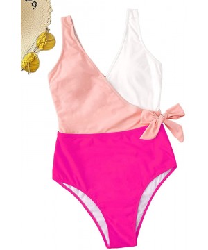 Women's One Piece Bathing Suits V Neck Tie Front Color Block Swimsuit Swimwear Monokini - Pink - CI192DAOO7E $15.50-One-Pieces