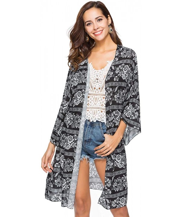 Women's Puff Sleeve Chiffon Kimono Cardigan Loose Swimwear Cover Ups Boho Print Blouse Tops for 2020 Spring Summer - Black2 -...