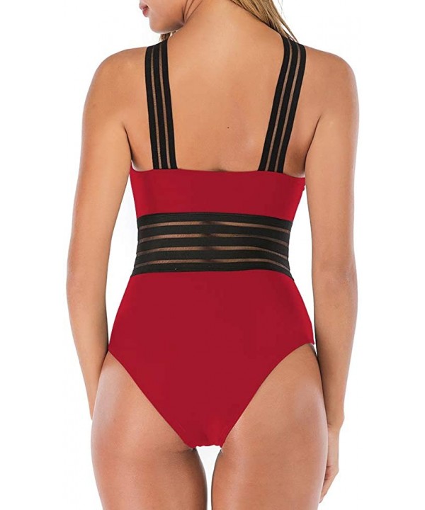 Women's One Piece Swimsuit See Through Mesh Front Crossover Swimwear Tummy Control Monokini Bathing Suits - Red - CF194XII4H8...