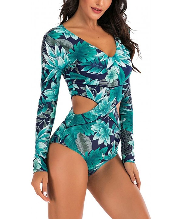 Women Sleeveless Striped Print Zip Front Rash Guard One Piece Swimsuit Athletic Swimwear - 5 Green - CB1943WD22I $19.26-Rash ...