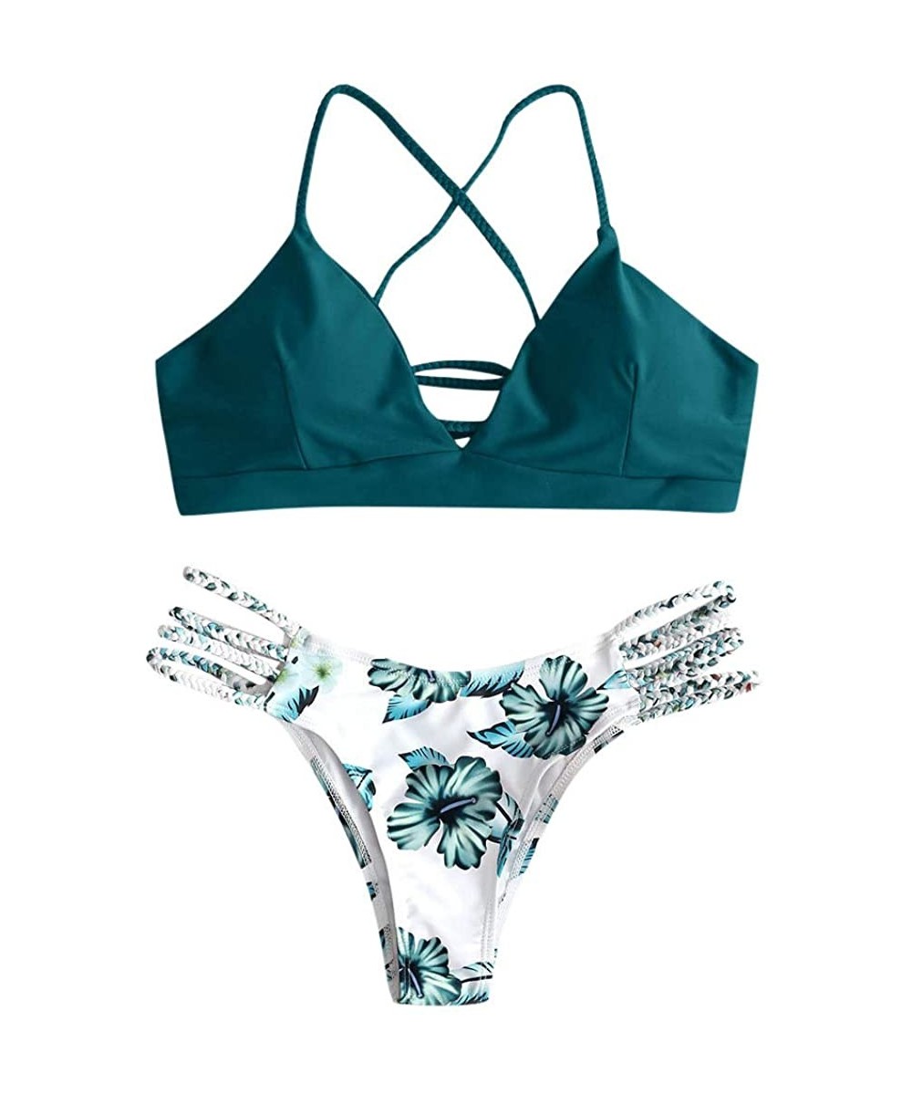 Women's Bikini Sets Cut Flower Two Piece Swimsuit Pushups Swimwear Beachwear - 3 - Green - CK196EH7YO8 $15.03-Sets