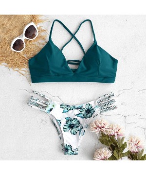 Women's Bikini Sets Cut Flower Two Piece Swimsuit Pushups Swimwear Beachwear - 3 - Green - CK196EH7YO8 $15.03-Sets