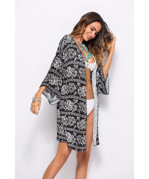 Women's Floral Print Beachwear Swimsuit Cover up Cardigan Chiffon Loose Blouse - Black - CY18GKNW6KL $14.77-Cover-Ups