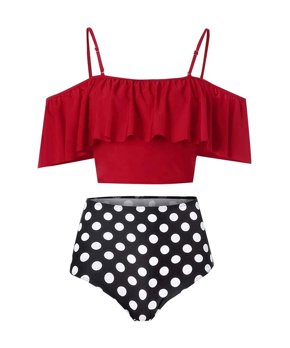 Women Two Pieces Print Bathing Swimwear Top Ruffled with High Waisted Bottom Bikini Set - Red - CR18Q8WA8L6 $13.15-One-Pieces