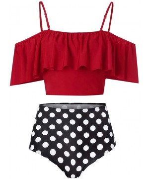 Women Two Pieces Print Bathing Swimwear Top Ruffled with High Waisted Bottom Bikini Set - Red - CR18Q8WA8L6 $13.15-One-Pieces