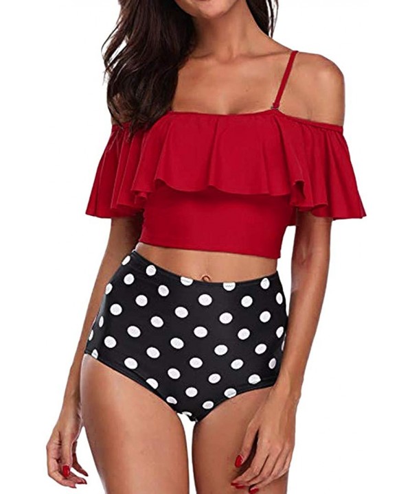 Women Two Pieces Print Bathing Swimwear Top Ruffled with High Waisted Bottom Bikini Set - Red - CR18Q8WA8L6 $13.15-One-Pieces