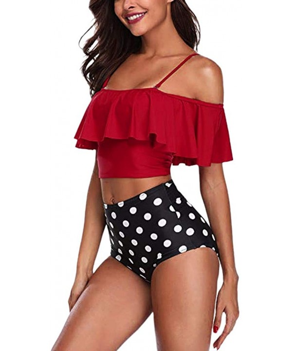 Women Two Pieces Print Bathing Swimwear Top Ruffled with High Waisted Bottom Bikini Set - Red - CR18Q8WA8L6 $13.15-One-Pieces