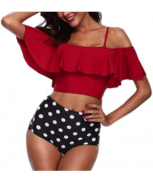 Women Two Pieces Print Bathing Swimwear Top Ruffled with High Waisted Bottom Bikini Set - Red - CR18Q8WA8L6 $13.15-One-Pieces