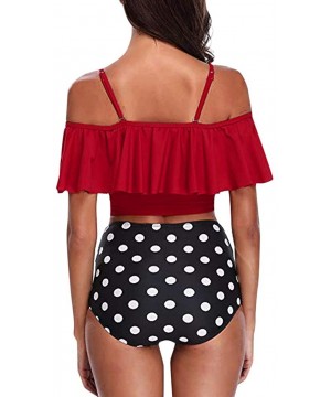 Women Two Pieces Print Bathing Swimwear Top Ruffled with High Waisted Bottom Bikini Set - Red - CR18Q8WA8L6 $13.15-One-Pieces