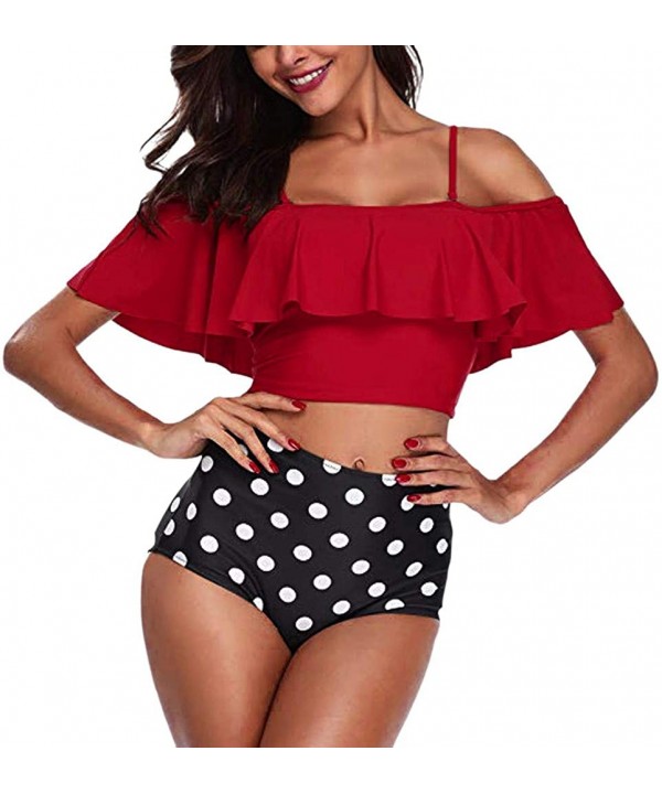 Women Two Pieces Print Bathing Swimwear Top Ruffled with High Waisted Bottom Bikini Set - Red - CR18Q8WA8L6 $13.15-One-Pieces