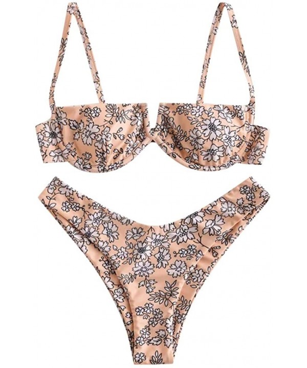 Women Flower Printed High Cut V Wired Bikini Swimwear Swimsuit Beachwear - A-pink - CC196SADYLG $11.94-Sets