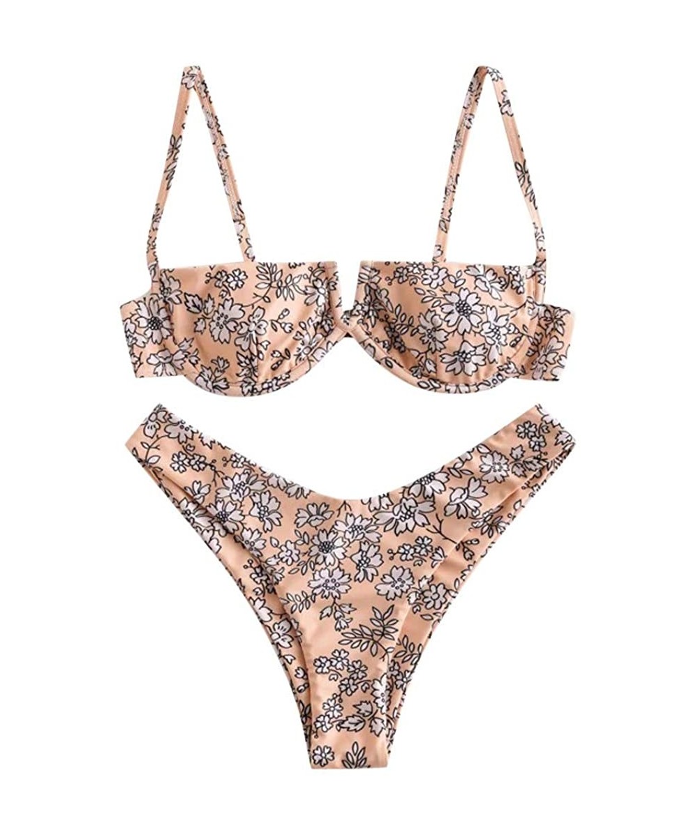 Women Flower Printed High Cut V Wired Bikini Swimwear Swimsuit Beachwear - A-pink - CC196SADYLG $11.94-Sets