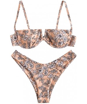 Women Flower Printed High Cut V Wired Bikini Swimwear Swimsuit Beachwear - A-pink - CC196SADYLG $11.94-Sets