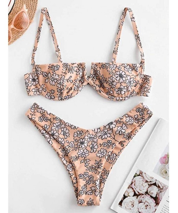 Women Flower Printed High Cut V Wired Bikini Swimwear Swimsuit Beachwear - A-pink - CC196SADYLG $11.94-Sets