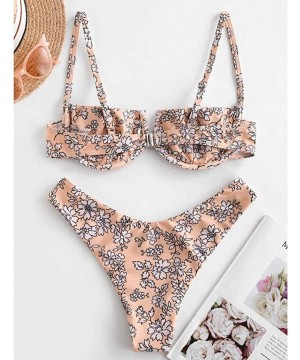 Women Flower Printed High Cut V Wired Bikini Swimwear Swimsuit Beachwear - A-pink - CC196SADYLG $11.94-Sets