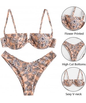 Women Flower Printed High Cut V Wired Bikini Swimwear Swimsuit Beachwear - A-pink - CC196SADYLG $11.94-Sets