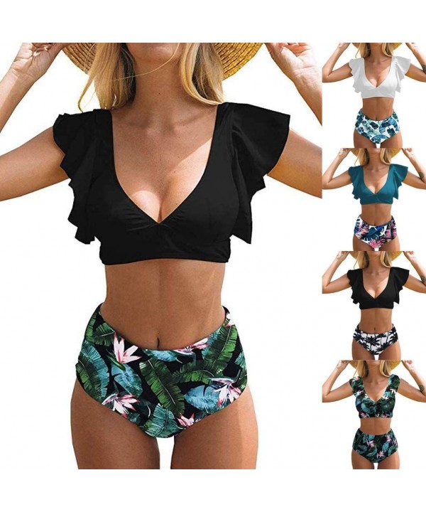 Swimsuits for Women Tummy Control-Floral Ruffle Bikini Push Up Swimsuit High Waisted Bottom V Neck 2 Pieces Bathing Suits - L...