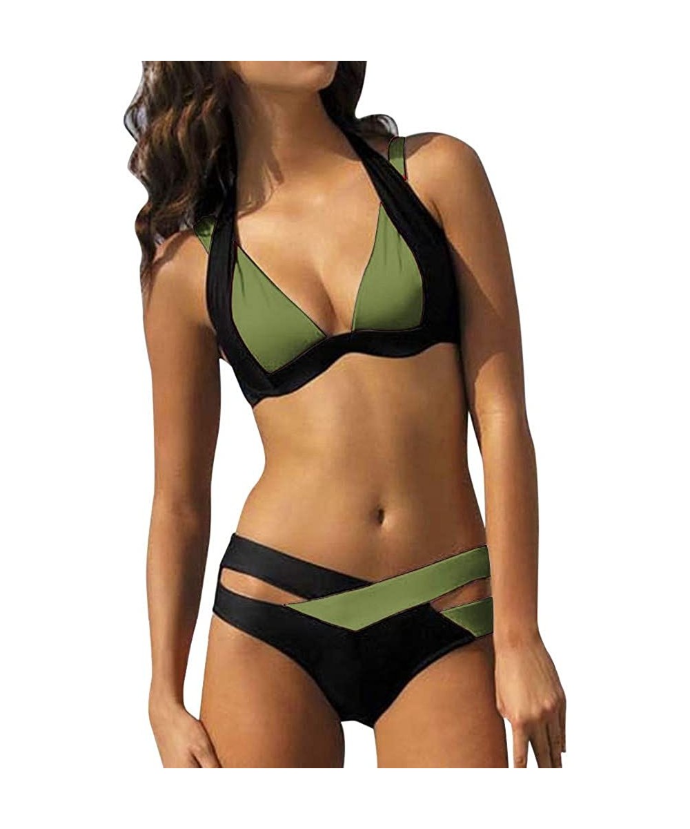 Women's Two Pieces Crochet Lace High Waist V Neck Bikini Set Swimsuit - Army Green - CV18WCYKRYM $10.73-Sets