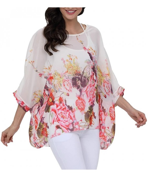 Women's Chiffon Caftan Poncho Tunic Top Cover up Batwing Blouse - Z-4291 - CF18DYOE43I $18.59-Cover-Ups