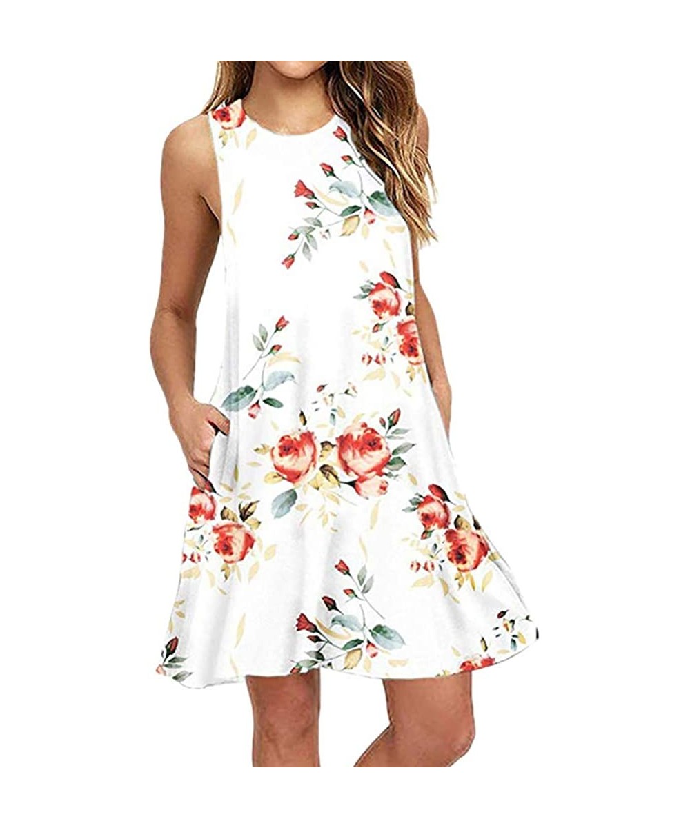 Women Summer Casual Sleeveless Printed Swing Mini Dress Sundress with Pocket - White - C218SQ6DQSW $10.14-Racing