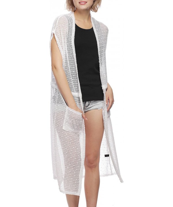 Women's Summer Open Front Kimono Cardigan Beach Cover Up Tops. - Sequin Vest-ivory - C318EKNSIO6 $12.41-Cover-Ups