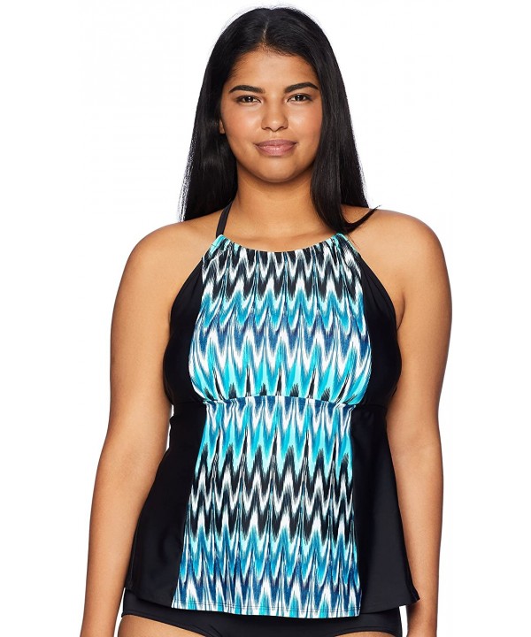 Women's Swimwear Highneck Halter Tankini Top with Strappy Back - Tidal Wave - CK18C0LGN4Y $9.39-Sets