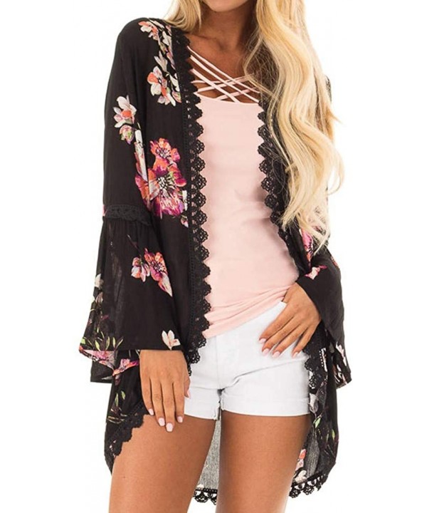 Casual Chiffon Cardigan Long Sleeve Lace Kimono for Women Solid Blouse Tops - B Black - CA18RMUCKEG $12.00-Cover-Ups