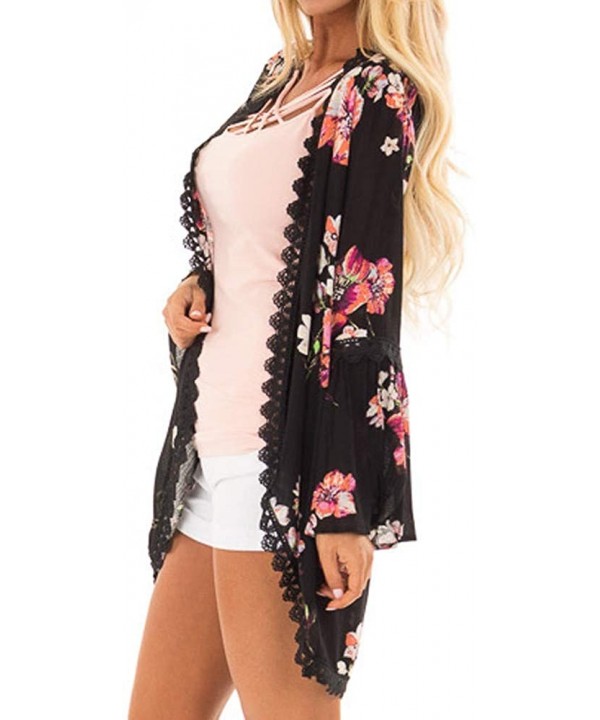 Casual Chiffon Cardigan Long Sleeve Lace Kimono for Women Solid Blouse Tops - B Black - CA18RMUCKEG $12.00-Cover-Ups