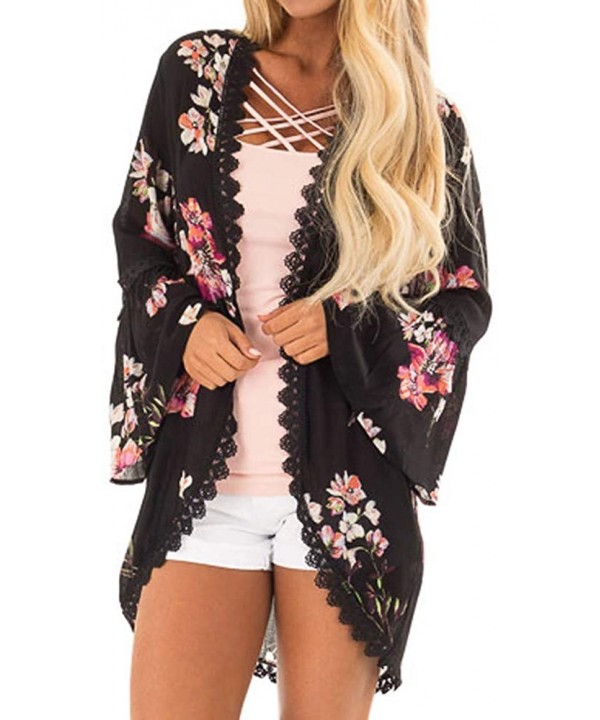 Casual Chiffon Cardigan Long Sleeve Lace Kimono for Women Solid Blouse Tops - B Black - CA18RMUCKEG $12.00-Cover-Ups