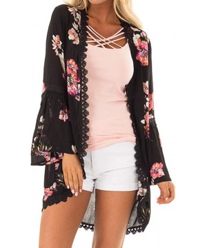 Casual Chiffon Cardigan Long Sleeve Lace Kimono for Women Solid Blouse Tops - B Black - CA18RMUCKEG $12.00-Cover-Ups