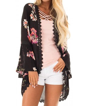 Casual Chiffon Cardigan Long Sleeve Lace Kimono for Women Solid Blouse Tops - B Black - CA18RMUCKEG $12.00-Cover-Ups