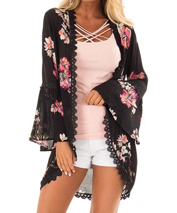 Casual Chiffon Cardigan Long Sleeve Lace Kimono for Women Solid Blouse Tops - B Black - CA18RMUCKEG $12.00-Cover-Ups