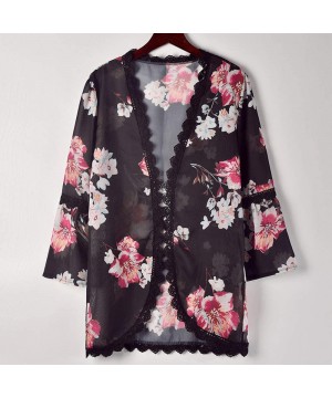 Casual Chiffon Cardigan Long Sleeve Lace Kimono for Women Solid Blouse Tops - B Black - CA18RMUCKEG $12.00-Cover-Ups