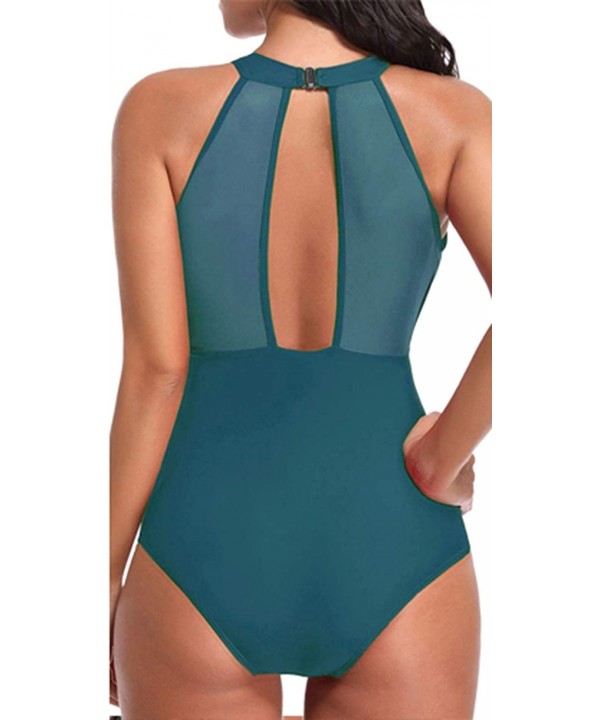 Women's One Piece Tankini High Neck V Neckline Swimsuit Mesh Ruched Bathing Suit Monokini Swimwear Sexy Bikini Blue - CW18Q2K...