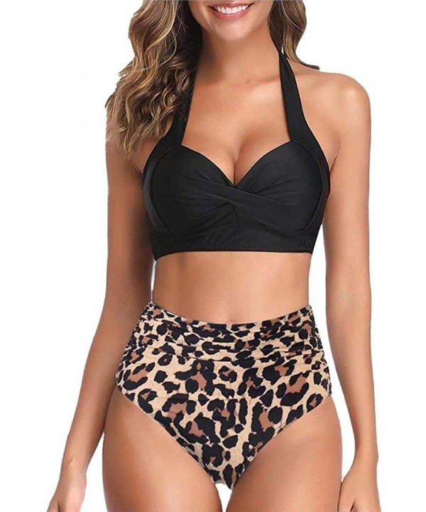 Women Push Up Two Piece Bikini Swimsuits Ruched High Waisted Printed Bathing Sets - Black&leopard - CW19CS50ESY $21.83-Sets