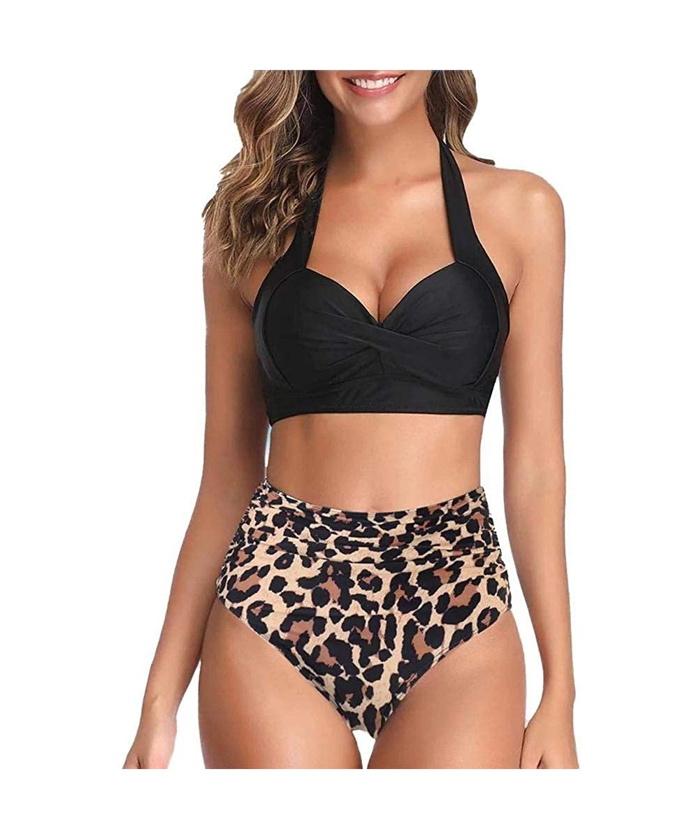 Women Push Up Two Piece Bikini Swimsuits Ruched High Waisted Printed Bathing Sets - Black&leopard - CW19CS50ESY $21.83-Sets