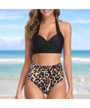 Women Push Up Two Piece Bikini Swimsuits Ruched High Waisted Printed Bathing Sets - Black&leopard - CW19CS50ESY $21.83-Sets