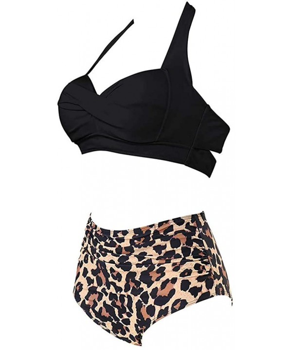 Women Push Up Two Piece Bikini Swimsuits Ruched High Waisted Printed Bathing Sets - Black&leopard - CW19CS50ESY $21.83-Sets